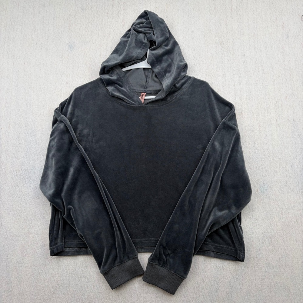 Emme Jordan Womens Velour Hoodie Charcoal Gray Cropped Sweatshirt Large